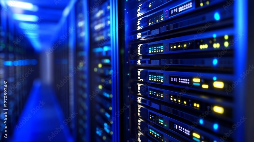 Poster Futuristic server room with glowing lights showcasing high technology in data storage and processing : Generative AI