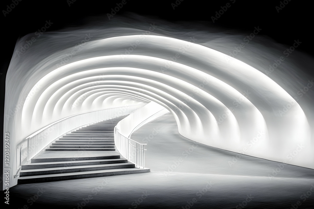 Poster Tunnel with illuminated steps and flowing arches for architecture or travel