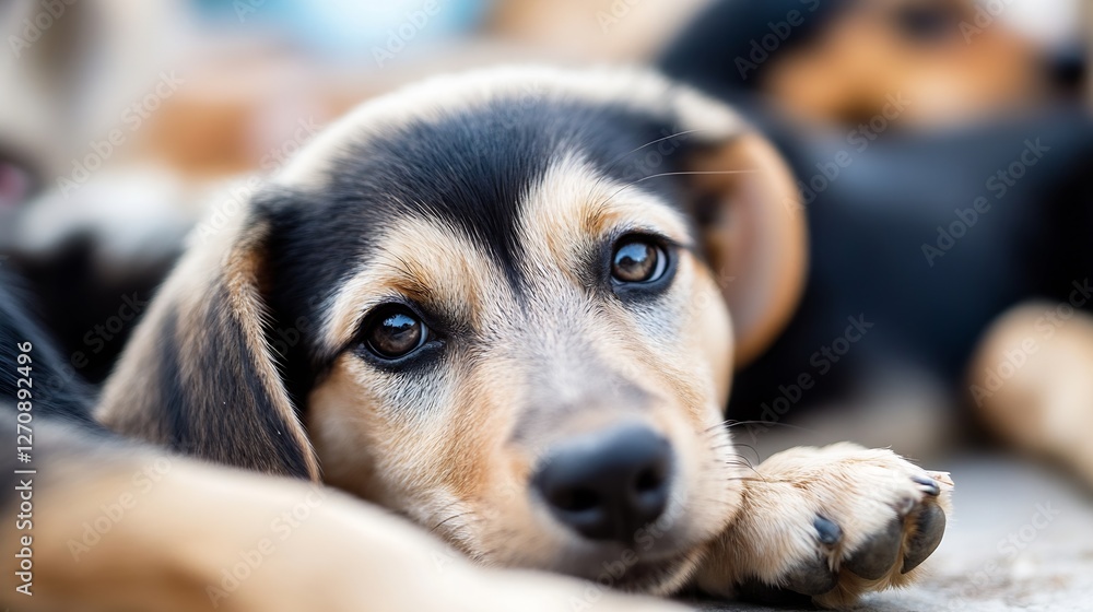 Poster adorable closeup of a cute puppy laying down showcasing its expressive eyes and soft fur in a playfu