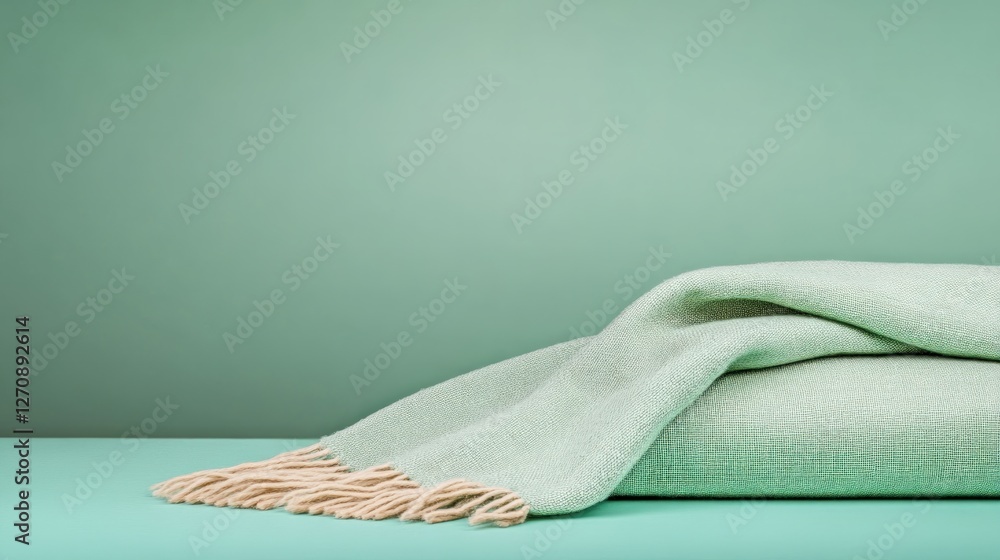 Poster soft mint blanket draped over smooth surface in calm ambiance