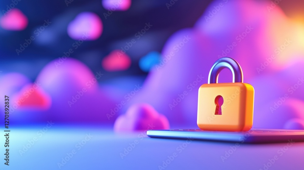 Poster a digital padlock sits on a device against a colorful cloud background, symbolizing cybersecurity an