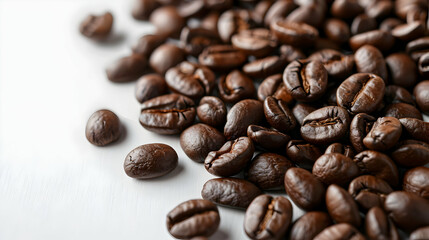 Fototapeta premium Close-up of roasted coffee beans scattered on a white surface with soft lighting