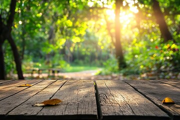 Fototapeta premium Wooden table, park, sunlight, leaves, bokeh background