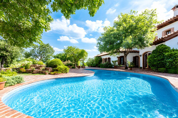 Villa's Swimming Pool in Summer. Vacation or Real Estate promotional material
