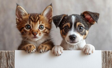 A concept for a pet store featuring a playful puppy dog and a pet cat displaying a placard, isolated on a white background with a blank template for copy space