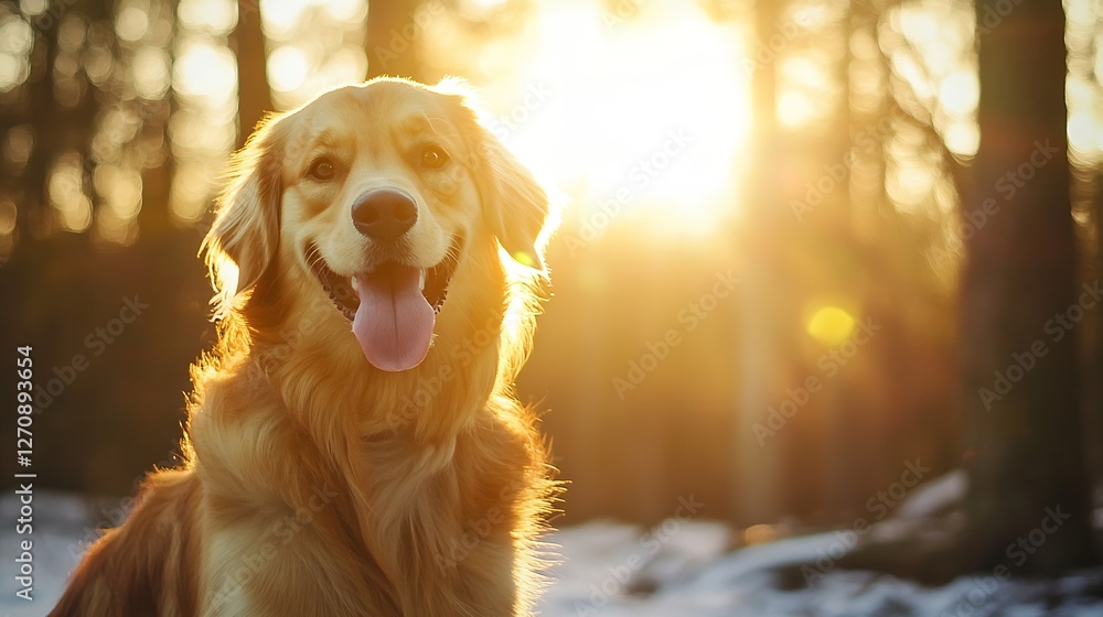 Poster beautiful golden retriever dog posing with a joyful expression during sunset in a serene forest sett