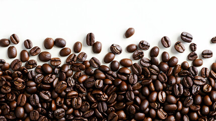 Obraz premium Close-up of freshly roasted coffee beans scattered on a clean white surface, showcasing texture