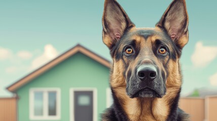 German shepherd in front of a house backdrop.
