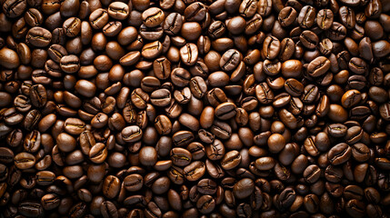 Fototapeta premium Close-up of roasted coffee beans scattered on a surface, showcasing their rich texture and color (1)