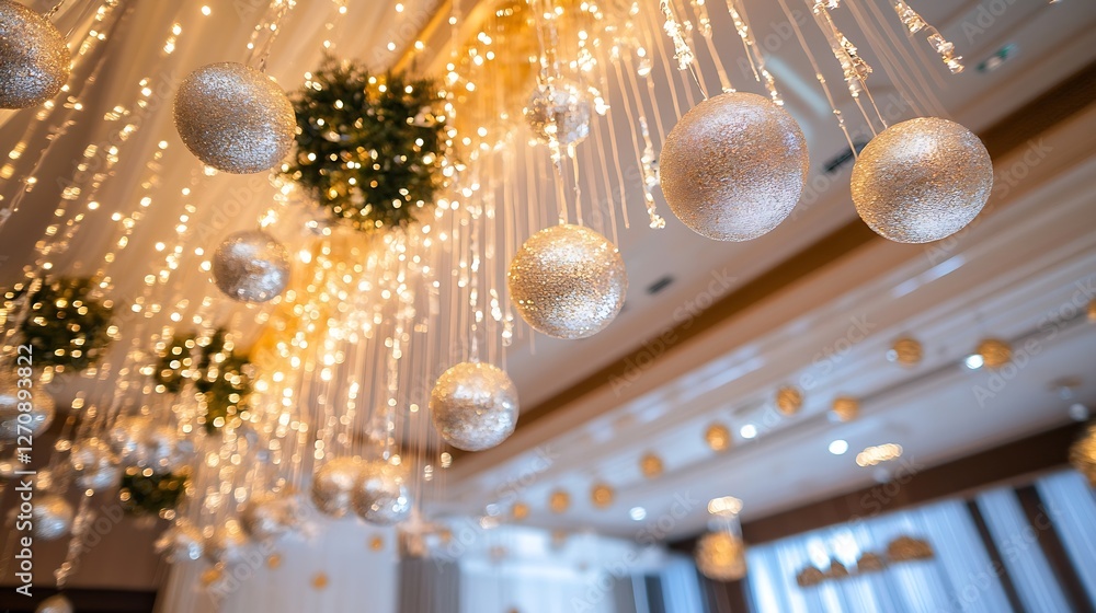 Aufkleber festively decorated ceiling with shimmering silver baubles and bright lights creating a magical atmo