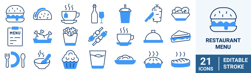 Restaurant menu line icons set. Salad, breakfast, fast food dinner, pizza, pasta, sushi, cocktails, vegetarian meal, vector illustration. Editable Stroke