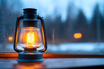 Warm lantern on a windowsill against a blurred winter outdoor background for ambience