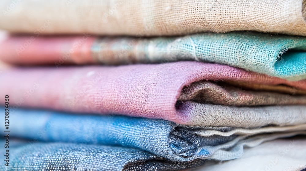 Aufkleber neatly stacked colorful linen fabric showcasing textile variety and aesthetics in a soft light envir