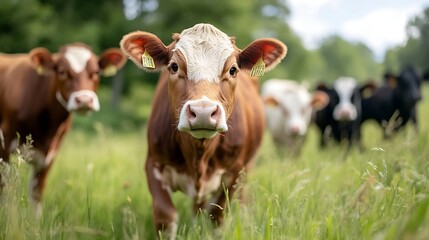 Curious Brown Cows Grazing in a Lush Green Field Under a Bright Blue Sky : Generative AI
