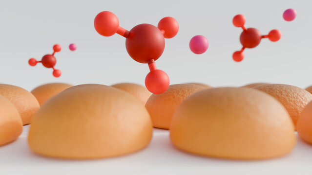 A 3d rendering of potassium bromate molecules with bread.  Potassium bromate was used in bread but is now banned due to health risks.