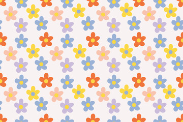 Seamless floral pattern with colorful daisy  flowers on white background in retro vintage design. Design for wallpaper, cover, cards, packaging, flyer.