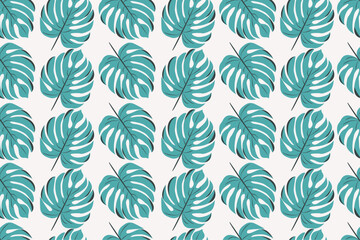Fototapeta premium Seamless tropical monstera leaf pattern with teal foliage on white background in modern botanical design. Design for wallpaper, cover, cards, packaging, flyer.