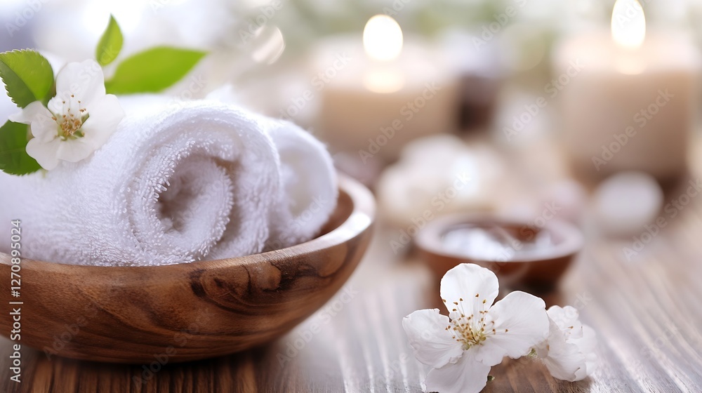 Aufkleber relaxing spa scene with rolled towels flower petals and candles creating a serene atmosphere for wel