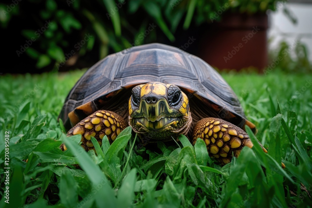 Poster a turtle with visible shell pattern, walking in the sunshine.