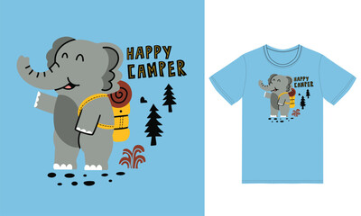 Cute elephant camping illustration with tshirt design premium vector