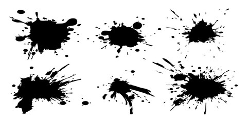 Abstract black ink splashes and grungy brush strokes vector set on a white background