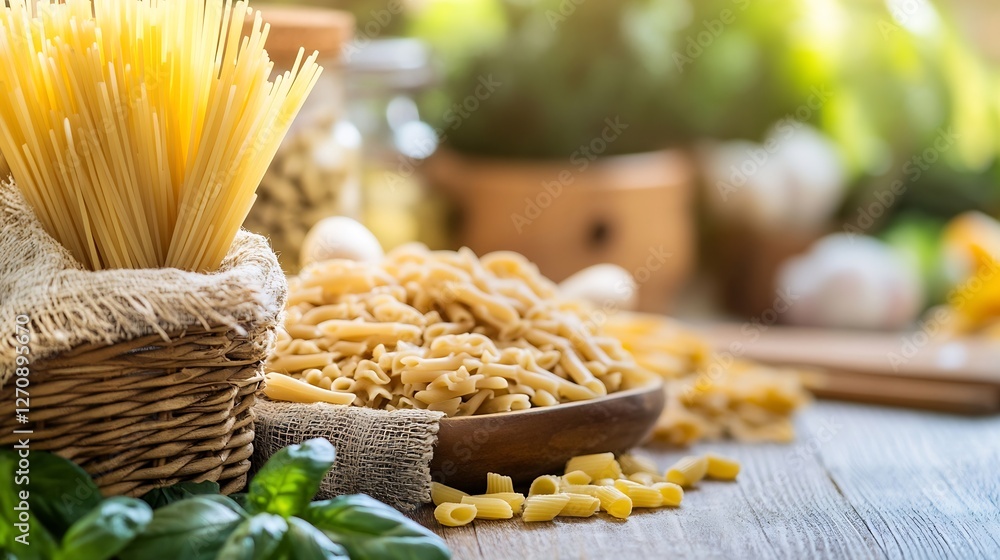 Poster assortment of dry pasta types ready for cooking with fresh ingredients on a rustic wooden table : ge