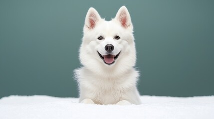 Fototapeta premium Fluffy white dog against a green background