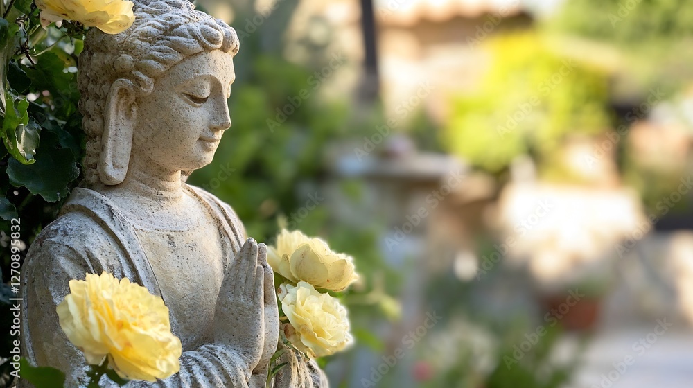 Aufkleber graceful stone statue of buddha surrounded by delicate flowers capturing serene tranquility in a gar