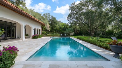 Beautiful backyard oasis with a sparkling blue pool surrounded by lush greenery and vibrant flowers : Generative AI