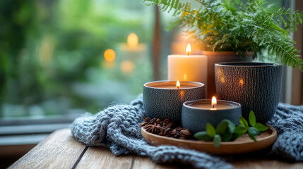 calming mindfulness setup featuring candles, herbal tea, and greenery. warm glow of candles creates serene atmosphere