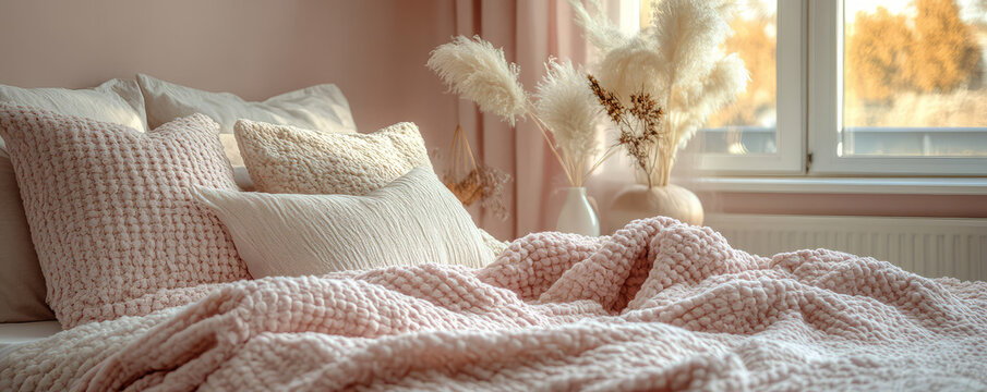 Luxurious minimalist bed with soft pink blankets and decorative pillows, creating cozy atmosphere