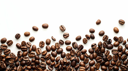 A close-up view of scattered coffee beans on a white background, highlighting their texture and color