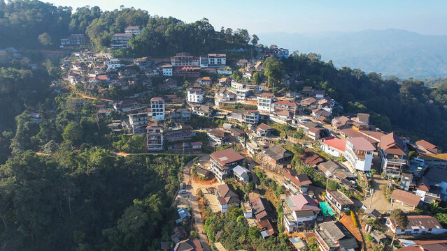 Aerial view from drone of the rural village in the mountains
