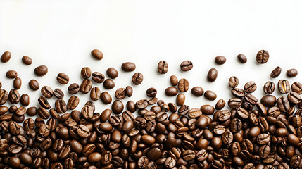 Close-up of scattered coffee beans on a clean white background, highlighting their rich texture and color