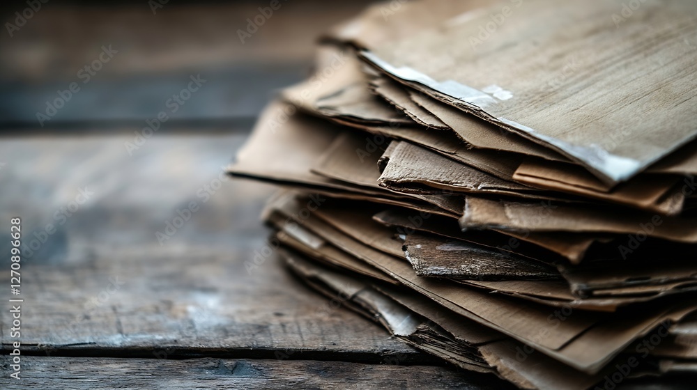 Poster stacked papers on a wooden surface evoking a sense of nostalgia and organized chaos : generative ai