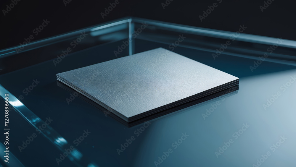 Poster metallic sheets arranged neatly on a glass surface illuminated by soft blue light in a modern worksp