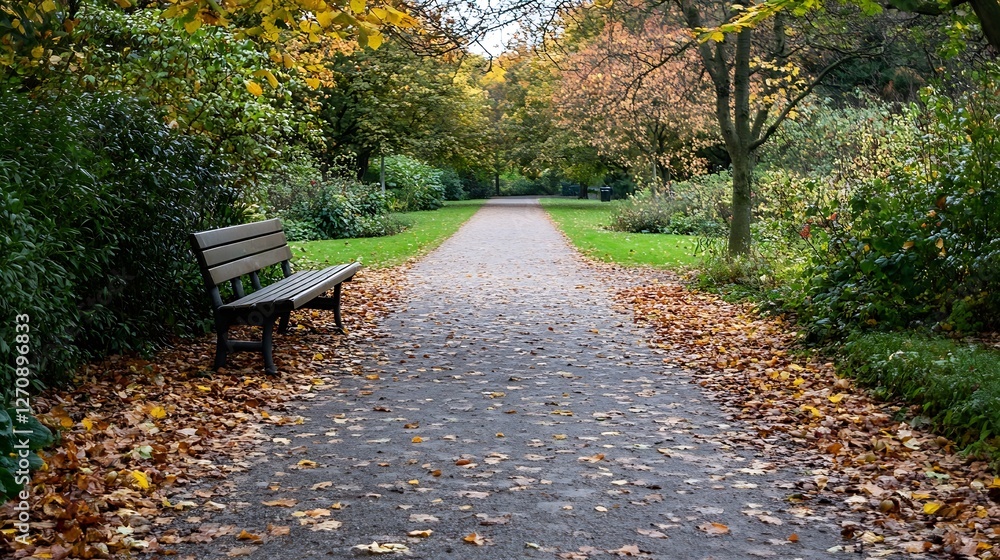 Poster serene park pathway surrounded by autumn trees and vibrant leaves creating a peaceful retreat : gene