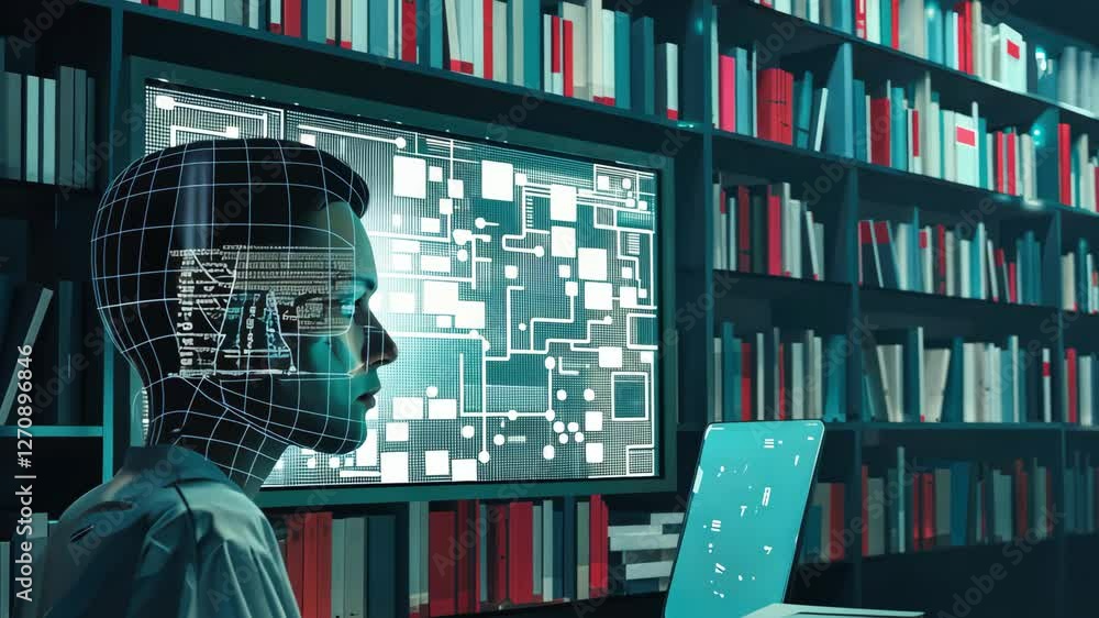 Poster a person engages with a computer in a high-tech library, surrounded by extensive shelves of books an
