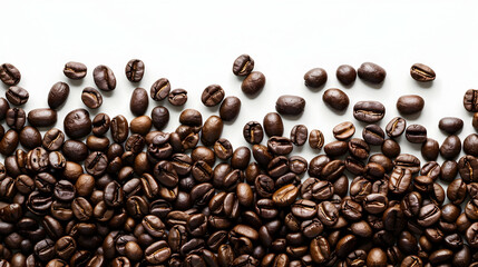 Obraz premium Close-up of a variety of roasted coffee beans scattered on a clean white surface, showcasing their rich textures