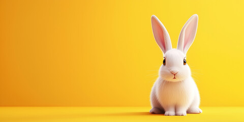 Fototapeta premium Cute white rabbit with long ears sits on a bright yellow background. Perfect for holiday greetings on Easter
