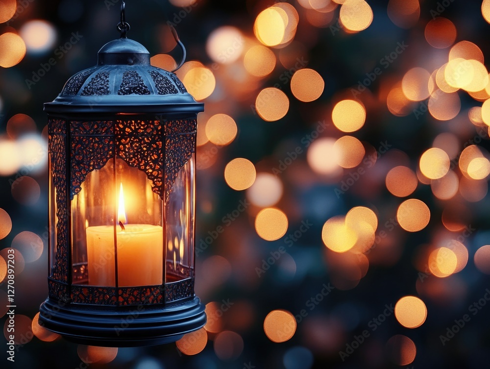 Poster a lit lantern casting a warm glow and creating a bokeh effect with its surrounding light points. oft