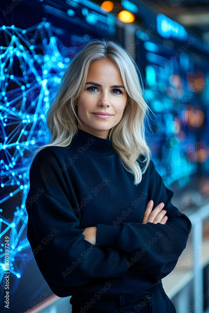 Poster woman with arms crossed in front of a digital display in tech environment