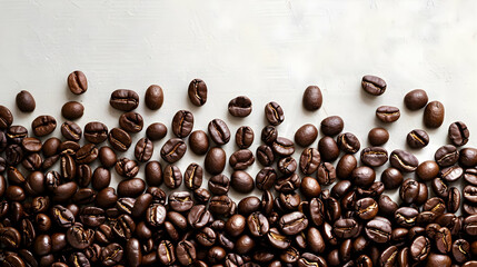 Obraz premium A close-up view of scattered coffee beans on a light textured surface, evoking warmth and comfort