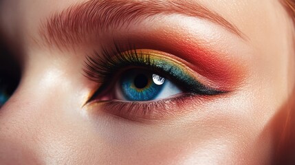 Obraz premium A model's eye makeup with a multicolored blend of eyeshadows creating a vivid and artistic look.