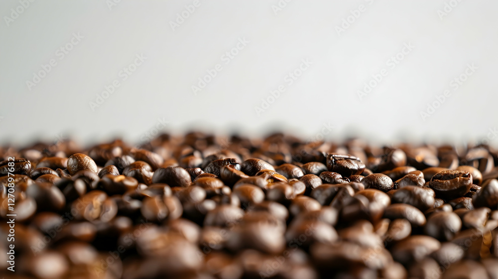 Poster close-up view of roasted coffee beans scattered on a surface with a soft gradient background