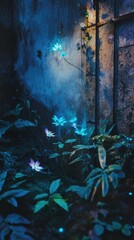 Fototapeta premium Glowing flowers bloom near weathered wall.