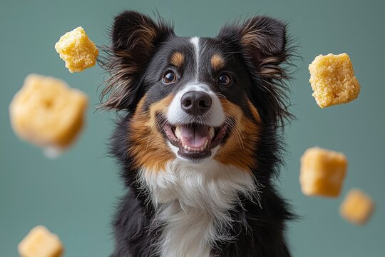 A cheerful black tri-border collie depicted against a yellow background
