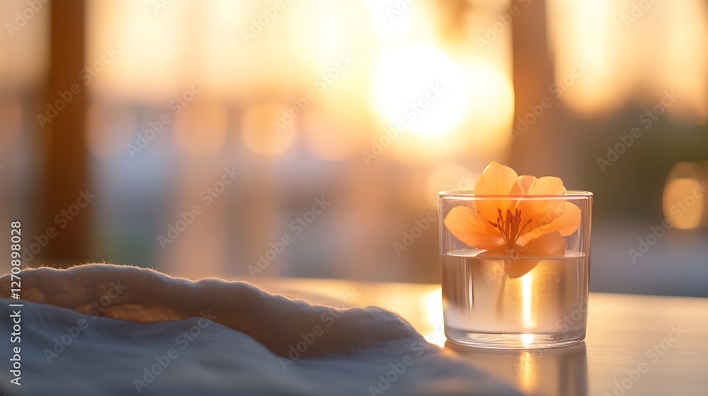 Poster delicate flower floating in water within a glass vase capturing the essence of tranquility at sunset
