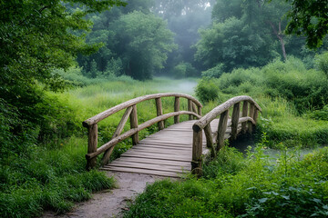 Wooden bridge over water in lush green woods, morning fog. Nature background