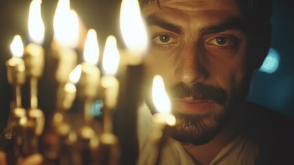 Man in candlelight, intense gaze, historical setting; evokes suspense and mystery